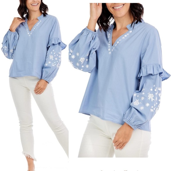 Mudpie Chambray Ruffle Macauley Embroidered Top Size Large NWT Mud Pie - Picture 1 of 6